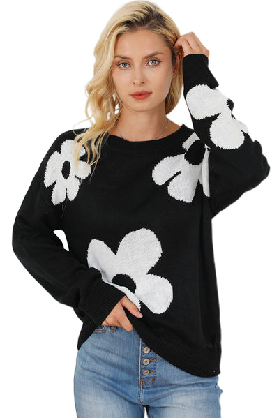 Black Big Flower Pattern Knit Sweater-Tops-MomFashion