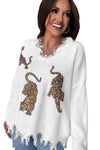 White Frayed Sequin Tiger Sweater-Tops-MomFashion