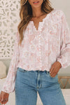 Pink Paisley Print Buttons Bubble Sleeve Blouse-Tops-MomFashion