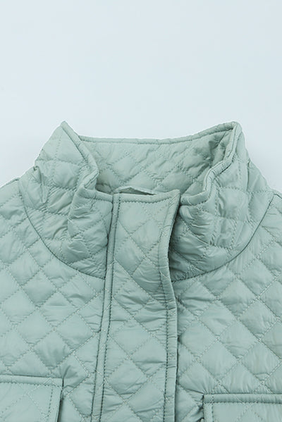 Green Quilted Pocketed Zip-up Cropped Jacket-Outerwear-MomFashion