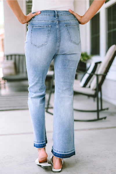 Sky Blue High Waist Buttoned Distressed Flared Jeans-Bottoms-MomFashion