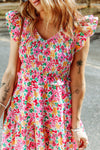 Multicolor Smocked Bodice Ruffle Trim Floral Dress-Dresses-MomFashion