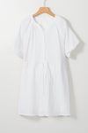 White Puff Sleeve Drawstring Shirt Dress with Pockets-Dresses-MomFashion