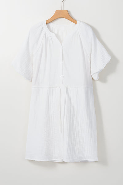 White Puff Sleeve Drawstring Shirt Dress with Pockets-Dresses-MomFashion