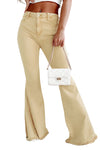 Khaki Raw Edge Mid Waist Flared Jeans-Bottoms-MomFashion