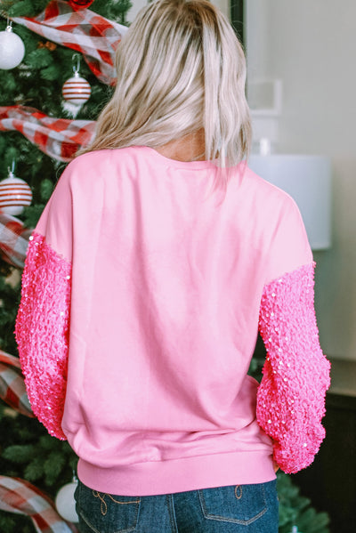 Pink Sequin Patchwork Long Sleeve Pullover Top-Tops-MomFashion