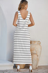 White Stripe Print Open Back Sleeveless Maxi Dress with Slits-Dresses-MomFashion