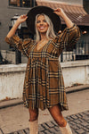 Brown Plaid Pattern Empire Waist Babydoll Dress-Dresses-MomFashion