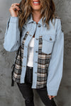 Sky Blue Plaid Patchwork Raw Hem Denim Jacket-Outerwear-MomFashion