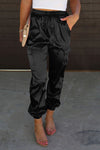 Black Satin Pocketed Drawstring Elastic Waist Pants-Bottoms-MomFashion