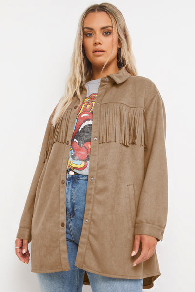 Khaki Fringe Trim Plus Size Suede Shacket-Plus Size-MomFashion