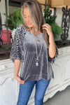 Medium Grey Leopard Splicing Lantern Sleeve Velvet Blouse-Tops-MomFashion