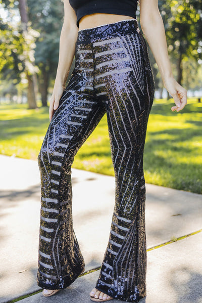 Black Sequin Wide Leg Pants-Bottoms-MomFashion