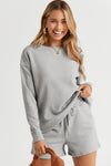 Gray Textured Long Sleeve Top and Drawstring Shorts Set-Loungewear-MomFashion