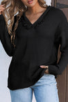 Black V Neck Ribbed Drop Shoulder Hooded Sweater-Tops-MomFashion