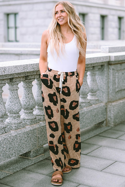 Leopard Drawstring Wide Leg Casual Pants-Bottoms-MomFashion