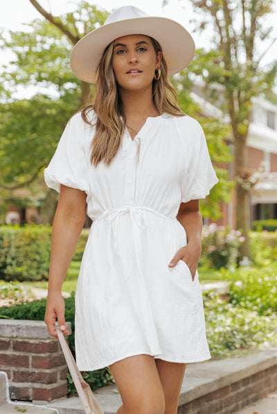 White Puff Sleeve Drawstring Shirt Dress with Pockets-Dresses-MomFashion