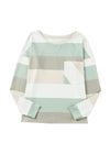 Green Color Block Ribbed Long Sleeve Top with Pocket-Tops-MomFashion