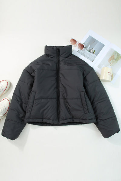 Black Zip Up Drawstring Hem Puffer Coat-Outerwear-MomFashion