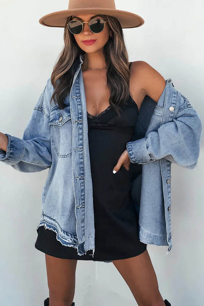 Sky Blue Flap Pocket Buttoned Oversized Denim Jacket-Outerwear-MomFashion