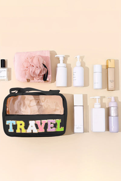 Black TRAVEL Chenille Letter Clear PVC Makeup Bag-Accessories-MomFashion