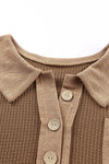 Brown Waffle Knit Buttoned Long Sleeve Top-Tops-MomFashion