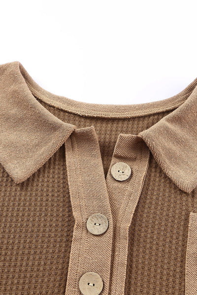 Brown Waffle Knit Buttoned Long Sleeve Top-Tops-MomFashion