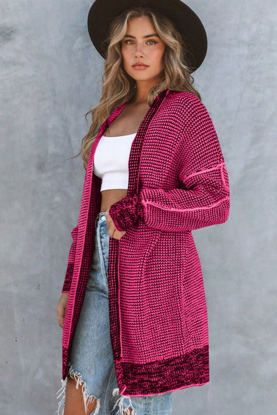 Rose Plaid Knitted Long Open Front Cardigan-Tops-MomFashion