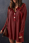 Red Waffle Knit Buttoned Long Sleeve Top-Tops-MomFashion