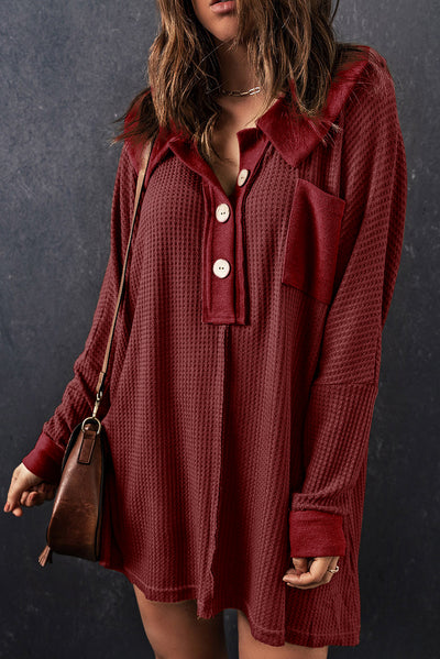 Red Waffle Knit Buttoned Long Sleeve Top-Tops-MomFashion