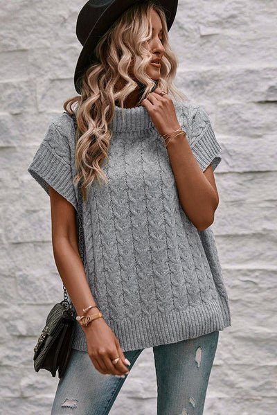 Medium Grey Cable Knit Turtleneck Batwing Sleeve Sweater-Tops-MomFashion