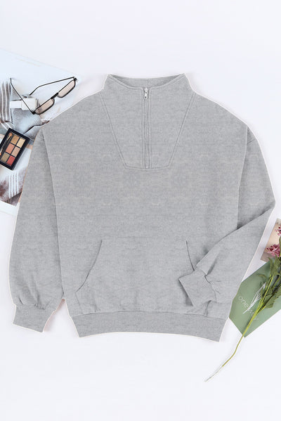 Gray Zipped Funnel Neck Kangaroo Pocket Sweatshirt-Tops-MomFashion