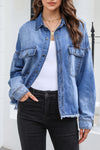 Sky Blue Flap Pockets Raw Hem Denim Shacket-Outerwear-MomFashion