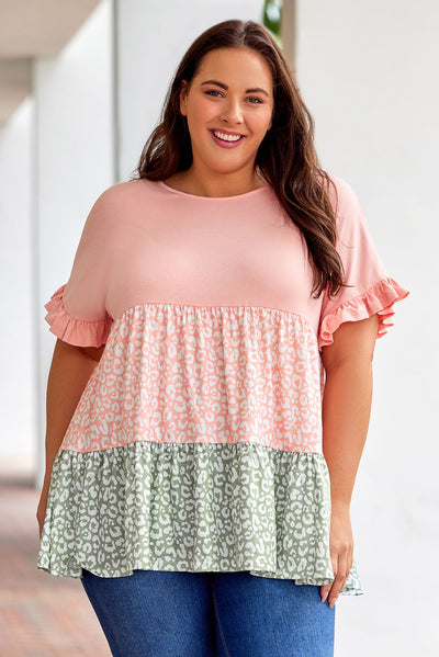 Pink Ruffled Short Sleeve Leopard Splicing Flowy Plus Size Top-Plus Size-MomFashion