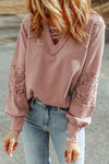 Pink Lace Waffle Patchwork Strappy V Neck Long Sleeve Top-Tops-MomFashion