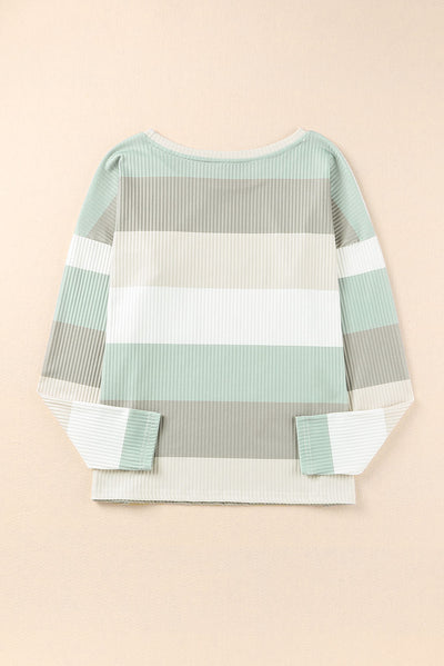 Green Color Block Ribbed Long Sleeve Top with Pocket-Tops-MomFashion