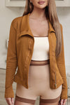 Brown Collared Asymmetric Ribbed Detail Motor Jacket-Outerwear-MomFashion