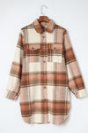 Brown Plaid Print Flap Pockets Long Shacket-Outerwear-MomFashion