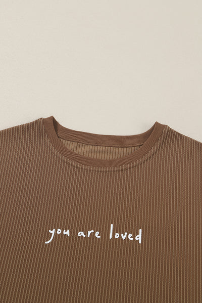 Khaki You Are Loved Print Corduroy Sweatshirt-Tops-MomFashion