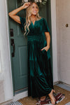 Evergreen Velvet Short Sleeve Shirred Waist Tiered Maxi Dress-Dresses/Maxi Dresses-MomFashion