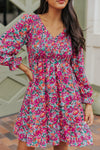 Purple Smocked V Neck Puffy Sleeve Floral Dress-Dresses-MomFashion