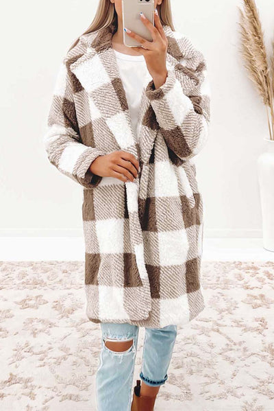 Brown Plaid Lapel Collar Long Open Front Coat-Outerwear-MomFashion