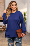 Blue Plus Size Waffle Knit Oversized Exposed Seam Top-Plus Size-MomFashion