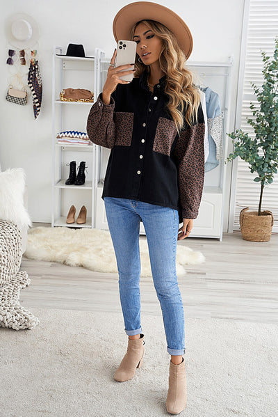 Black Contrast Leopard Denim Jacket-Outerwear-MomFashion