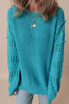 Turquoise Ruffled Eyelet Bubble Sleeve Sweater-Sweaters & Cardigans/Sweaters-MomFashion