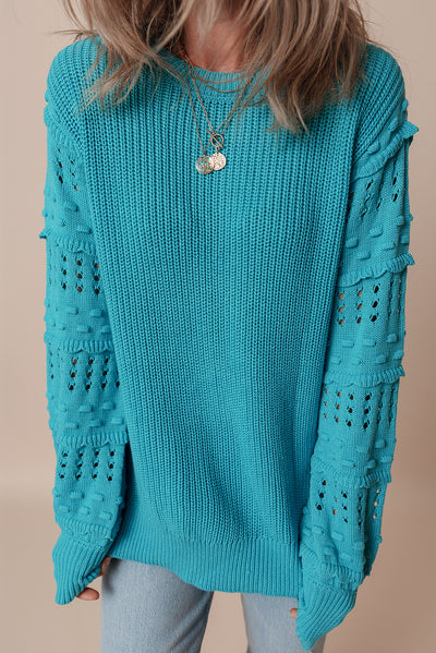 Turquoise Ruffled Eyelet Bubble Sleeve Sweater-Sweaters & Cardigans/Sweaters-MomFashion