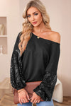 Black Sequin Patchwork Sleeve Open Back Waffle Knit Top-Tops-MomFashion