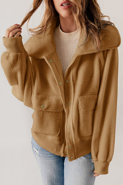 Brown Button Flap Pocket Spread Collar Fleece Jacket-Outerwear-MomFashion