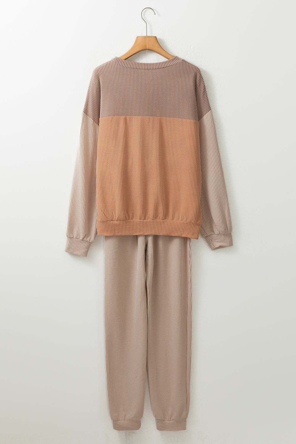 Brown Corded 2pcs Colorblock Pullover and Pants Outfit-Loungewear-MomFashion