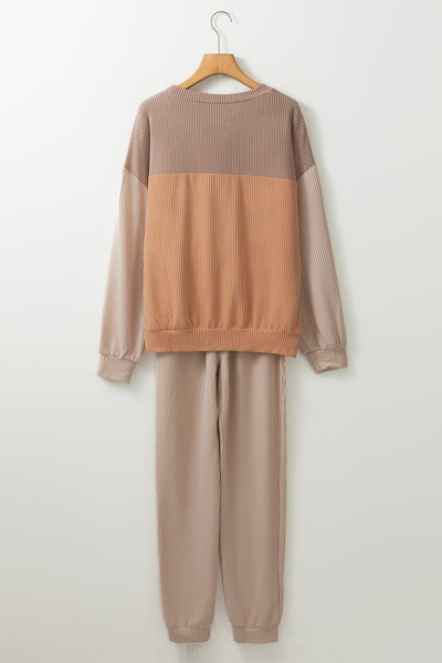 Brown Corded 2pcs Colorblock Pullover and Pants Outfit-Loungewear-MomFashion